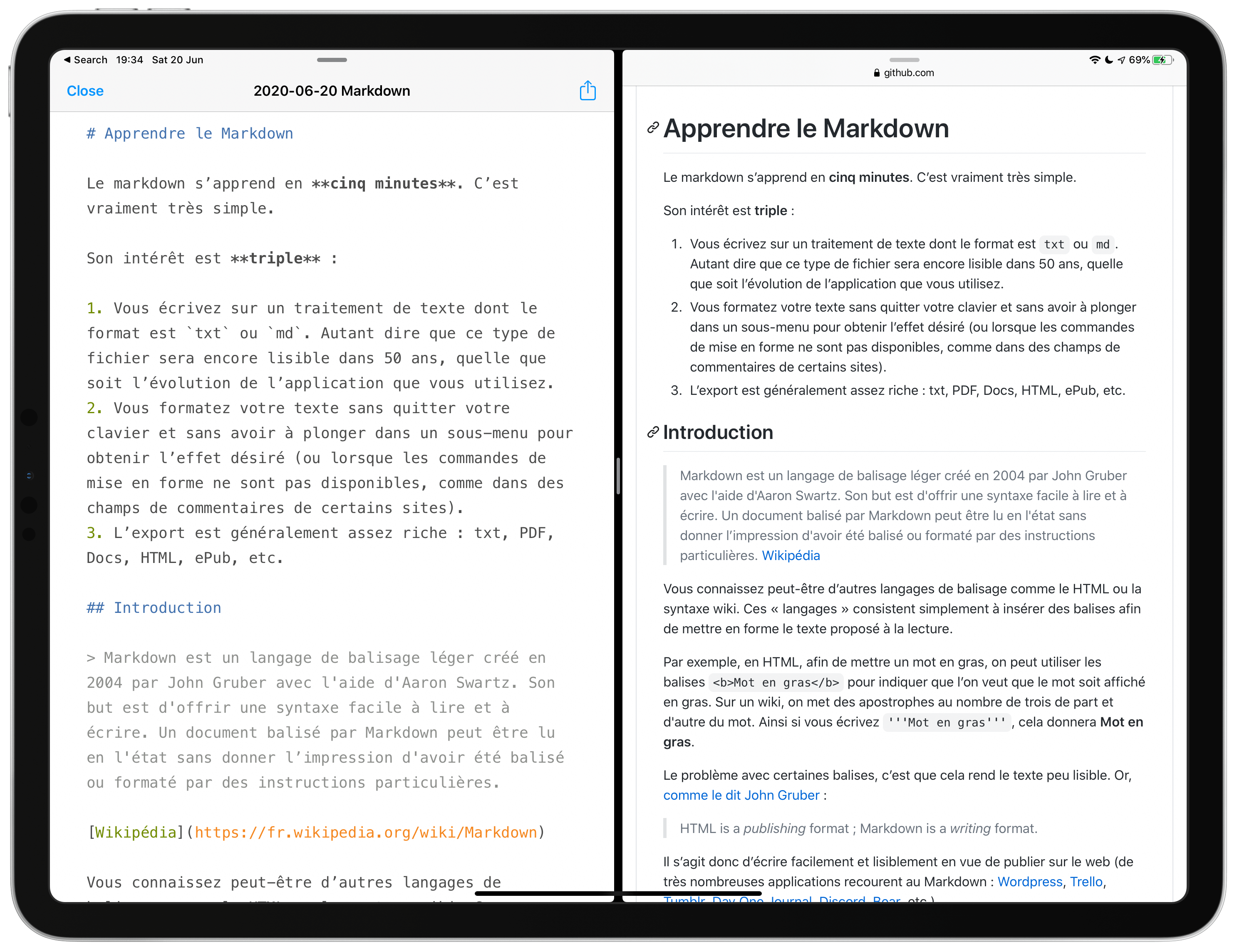 Le texte écrit en Markdown (Pretext) & lu sur GitHub