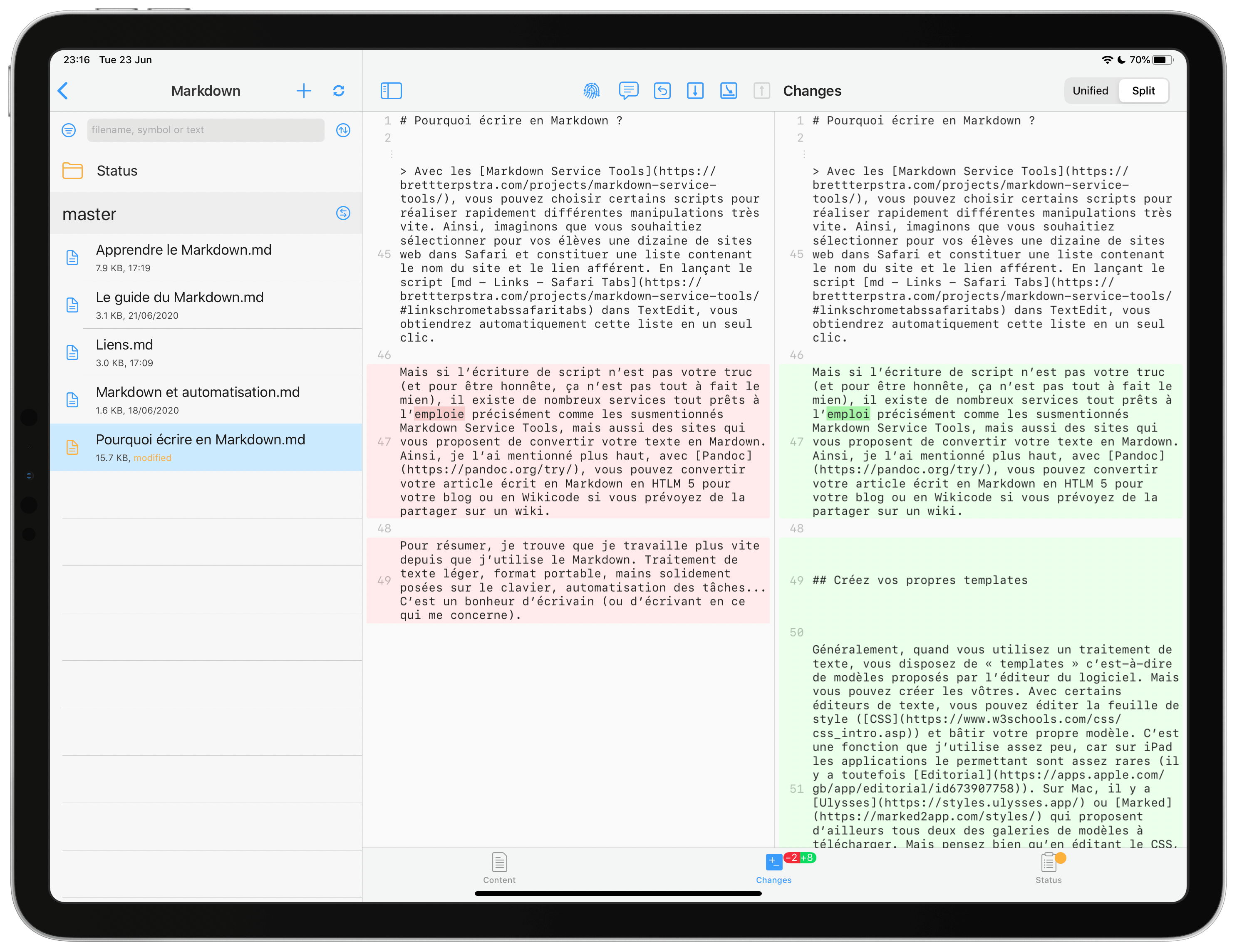 Les deux versions d’un même texte dans Working Copy