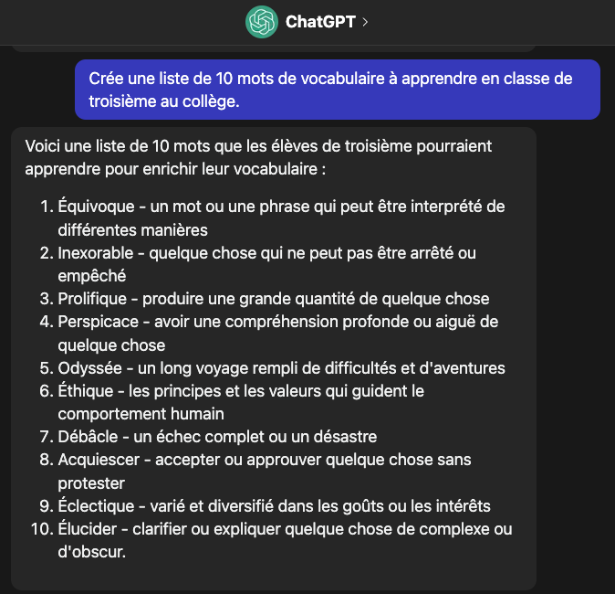 Créer une liste de mots à apprendre avec chatGPT