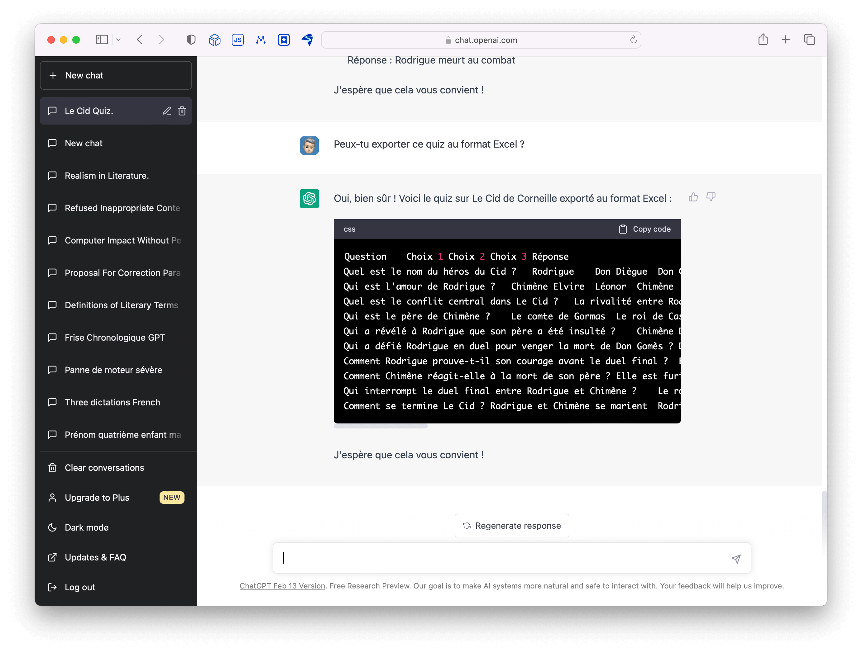 Demander à chatGPT d'exporter le quiz au format Excel